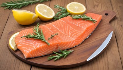 Slice of red fish salmon with lemon; rosemary on a wooden table