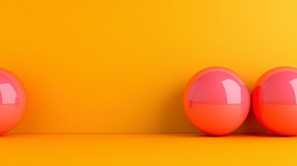Three glossy, coral pink spheres against a vibrant orange background. Minimalist, clean aesthetic. Studio lighting creates a reflective sheen on the