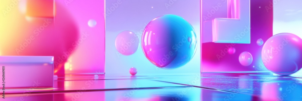 Poster vibrant abstract composition featuring colorful spheres and geometric shapes in a bright environment