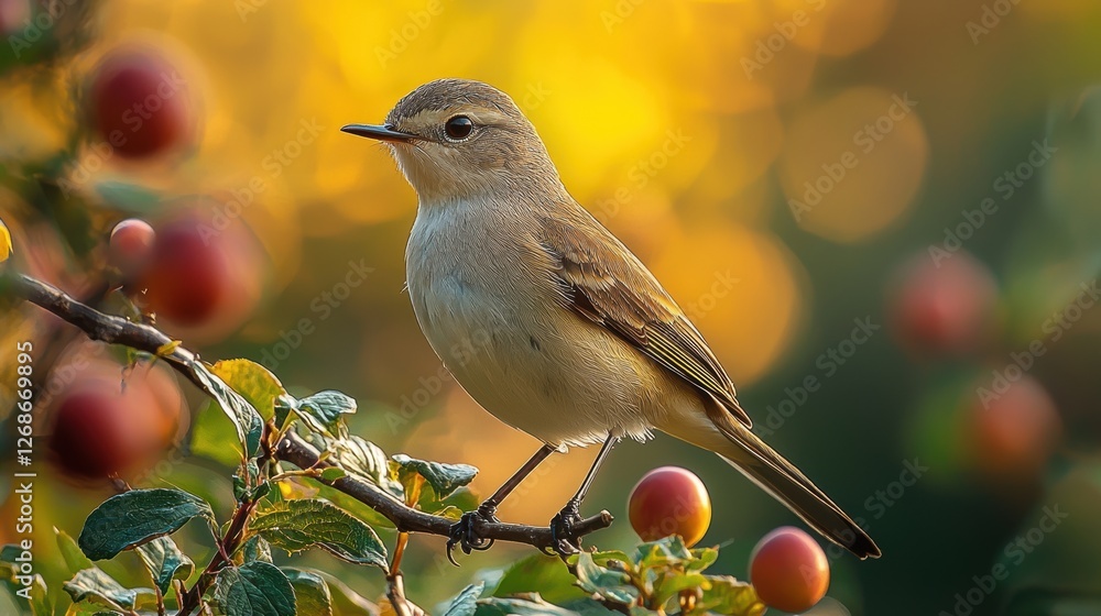 Poster a small bird perched on a branch with colorful fruits in a blurred background.