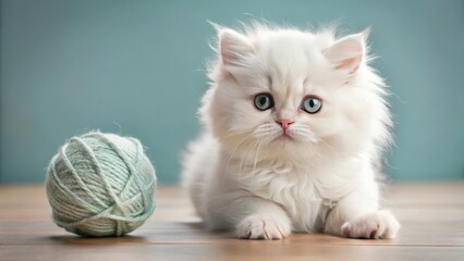 Obraz premium Adorable white Persian kitten playing with yarn ball, cat, toy