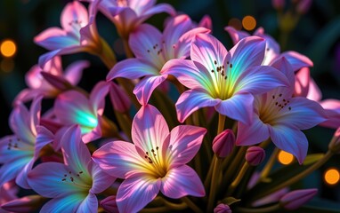Fototapeta premium A stunning close-up of vibrant, glowing flowers in full bloom, illuminated with soft golden light.