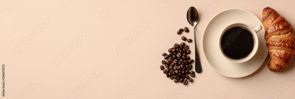 Poster Coffee cup and croissant with coffee beans arranged neatly on a light background for a delightful breakfast setting. Generative AI