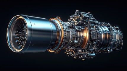 Close-up of a powerful turbofan jet engine, showcasing intricate internal components and metallic surfaces against a dark background.