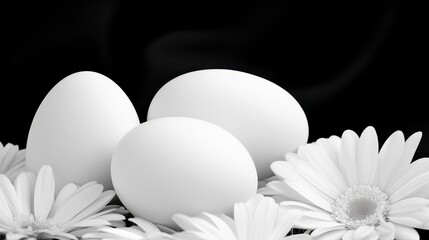 Obraz premium Monochromatic close up shot of three white eggs nestled amongst white flowers against a dark background. Soft lighting enhances the smooth texture of