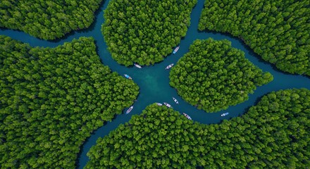 Aerial View of Mangrove Forest with Boats on Winding Turquoise River