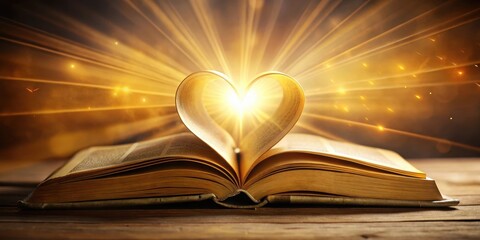 A radiant heart surrounded by golden light emanating from the pages of an open Bible, glowing heart, bible