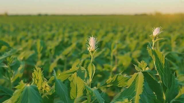 A vibrant agricultural landscape highlighting rows blooming sesame plants also known benniseed thriving sun ll maintained farming field