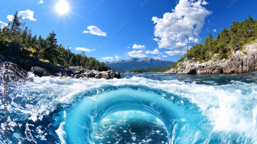 Poster vibrant turquoise water swirls in a circular motion, creating a dynamic vortex effect against a back