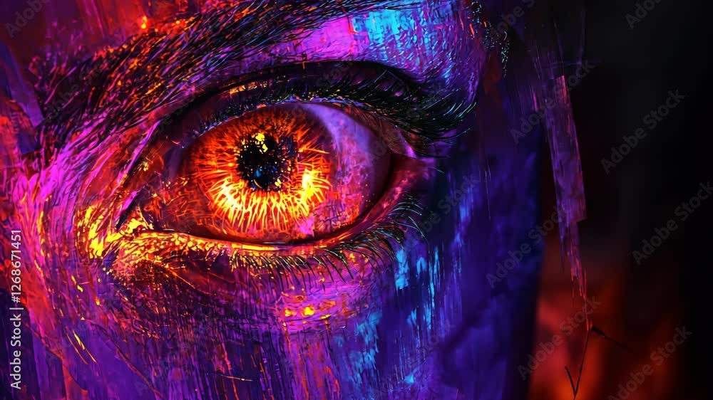 Poster close-up of an abstract eye with vibrant colors and intricate patterns highlighting emotion and inte