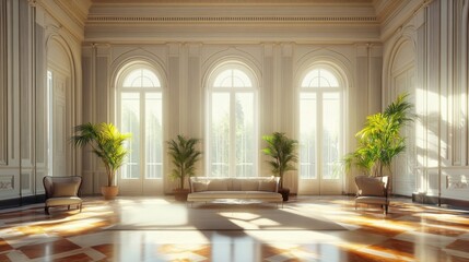 Fototapeta premium sunlit grand room with elegant furniture and lush greenery