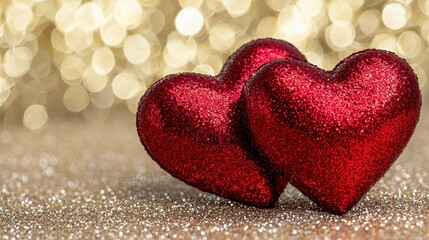 Two red glitter hearts rest on a sparkling gold surface, bokeh background, romantic, Valentine's Day, love, affection