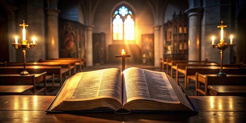 Illuminated Bible pages with glowing script on a darkened church altar , scripture, worship