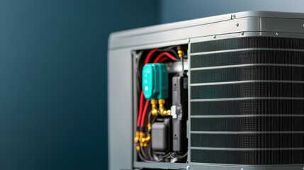 Air Conditioning Service Concept, Detailed View of an Air Conditioning System Showcasing Exposed Components and Modern Setup in a Room