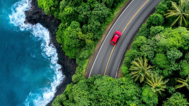 A vehicle travels along a scenic coastal route, passing through lush green tropical foliage, beside a blue ocean with white waves. The road curves