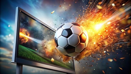 Fototapeta premium 3D Render: Soccer Ball Exploding from Television Screen - Dynamic Sports Action Shot