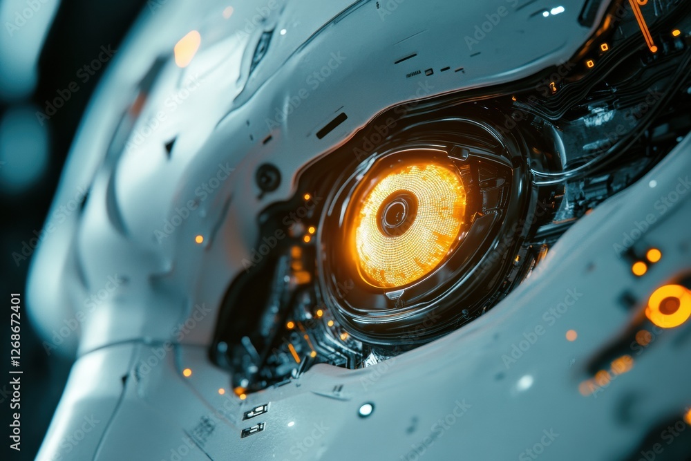 Poster close up view of a glowing robotic eye surrounded by intricate futuristic circuits highlighting adva