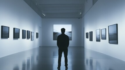 man contemplating art in modern gallery