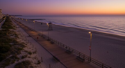 Early Morning Beach Boardwalk Scene with Serene Seaside View at Sunrise
