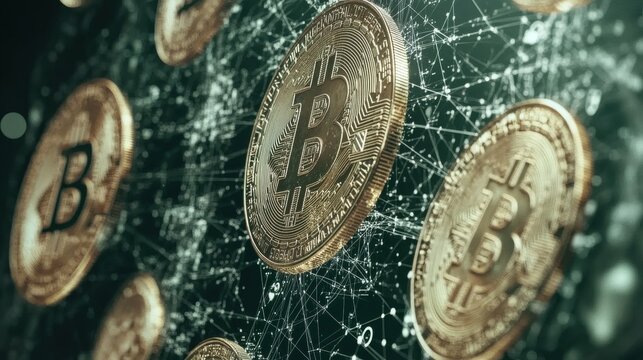 A collection of Bitcoin tokens floating in a digital network, symbolizing the intersection of cryptocurrency and technology in the modern financial world.