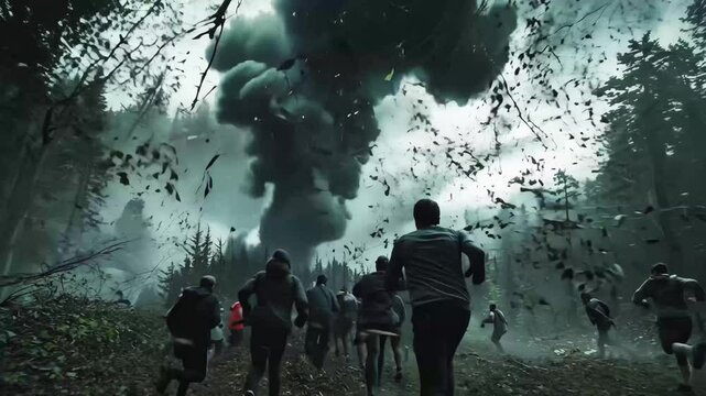 A group of people frantically run through a dense forest as a powerful tornado rips through the trees, sending debris flying through the air. The dark and dramatic scene conveys a sense of urgency
