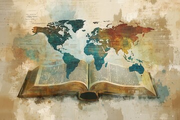 Fototapeta premium A Bible set on an ancient world map with traditional scripts, symbolizing its timeless relevance and global history