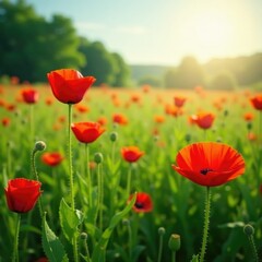 Obraz premium Poppy field in a lush green meadow with wildflowers, garden, sunflower like, sunlit poppy field