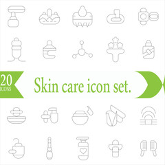  Skin care icon set. Wellness and body spa anti-aging, pore tightening, cosmetology, spa treatments, massage, hyaluronic acid, serum, line icon collection.