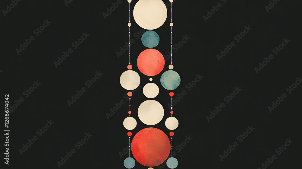 Poster A vertical arrangement of colorful, circular shapes against a black background, creating a modern and artistic visual effect