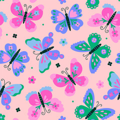 Seamless pattern with cute butterflies and flowers. Vector graphics.