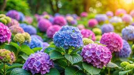 Hortensia dans un jardin fleuri, hortensia blooms, shrub flowers,  hortensia blooms