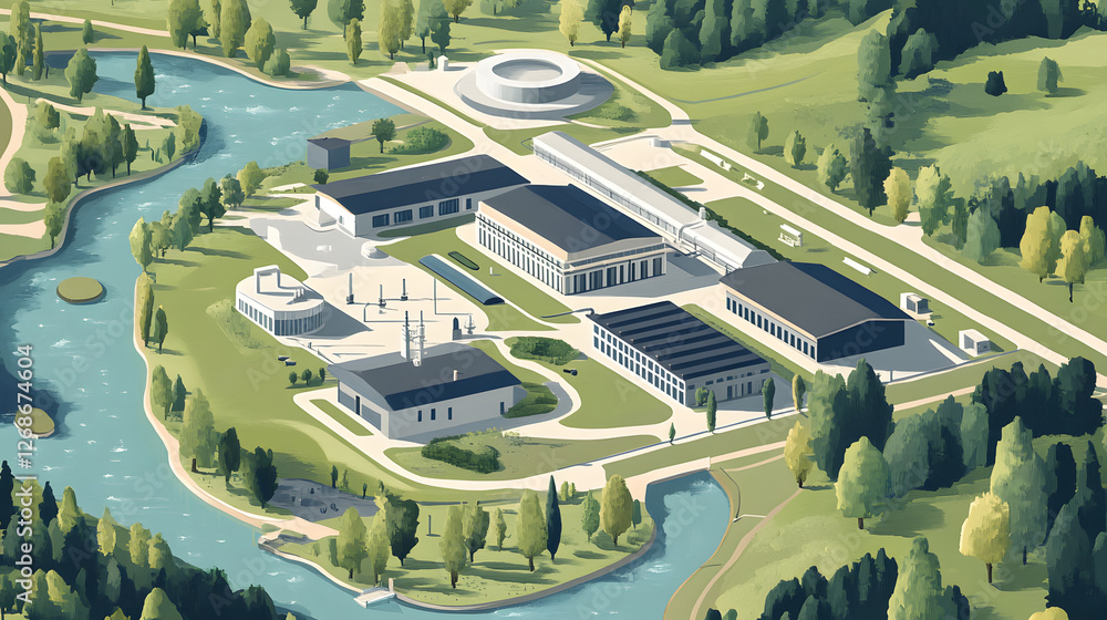 Poster aerial view of a modern facility surrounded by greenery and a river, showcasing a blend of architect