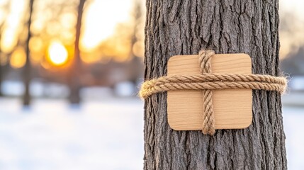 Close up view of a tree trunk with a square piece of light brown cardboard attached with thick rope, set against a blurred backdrop of a snowy winter