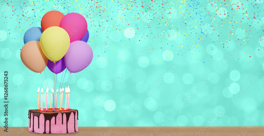 Poster birthday cake with bunch of colorful balloons on blurred aquamarine or green background. empty space
