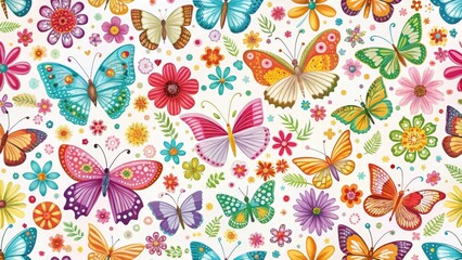 Colorful butterflies and flowers create a beautiful seamless pattern on a white background , background, design