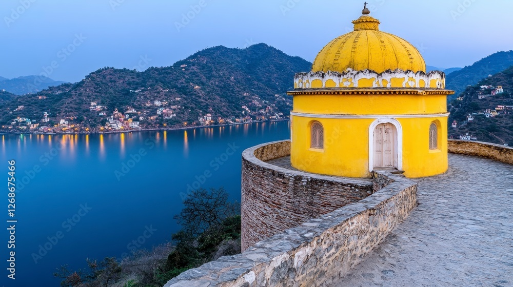 Poster panoramic twilight view of a yellow domed structure overlooking a calm lake, surrounded by rolling h