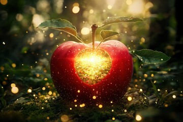 A red apple with a glowing core that contains a mystical garden surrounded by shimmering light.