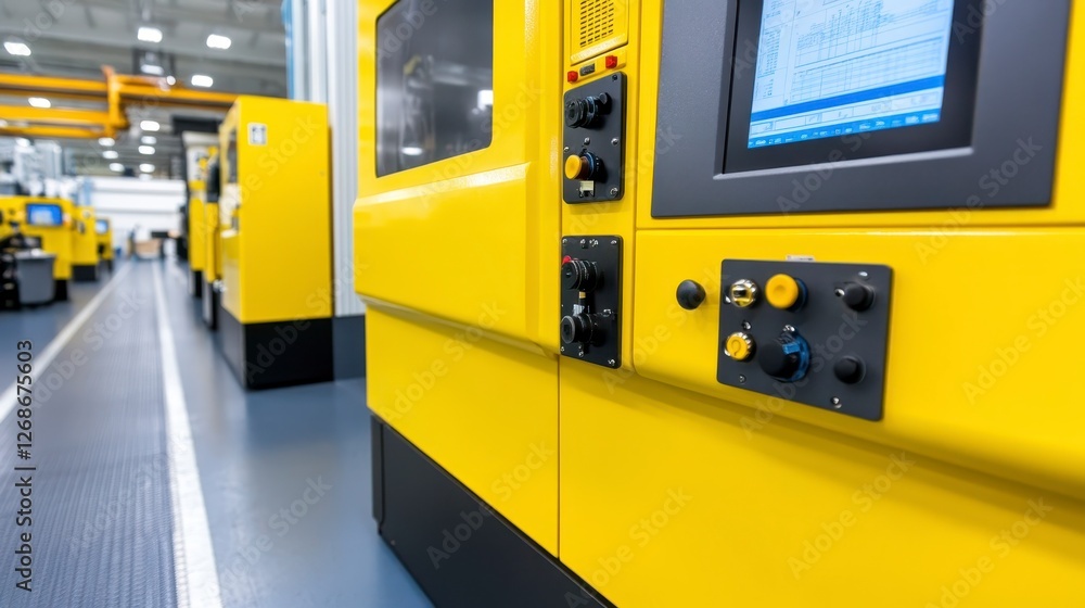 Poster close up view of a yellow industrial machine control panel in a factory setting. the panel features 