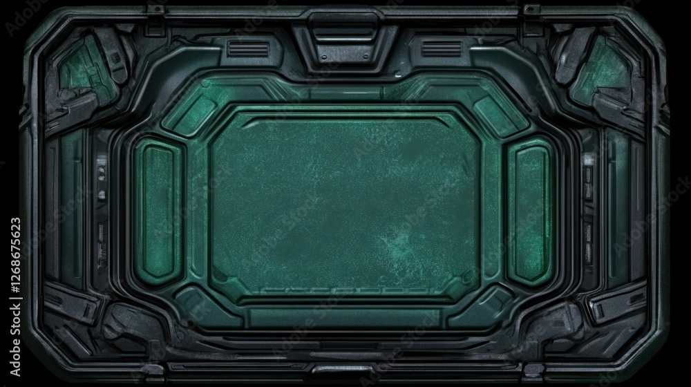 Poster futuristic sci-fi interface frame featuring dark metallic design and glowing green accents for high-
