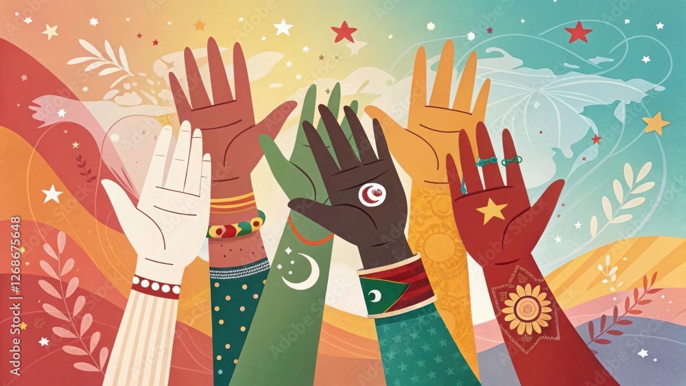Poster diverse hands raised in unity celebrating multiculturalism and global harmony with colors and symbol