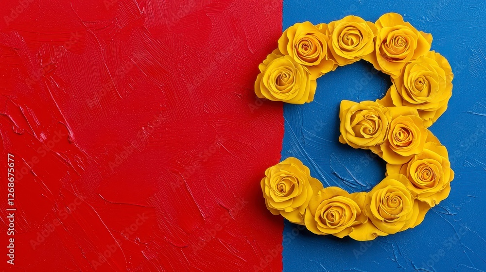 Poster yellow roses arranged in the shape of the number three against a red and blue textured background. t
