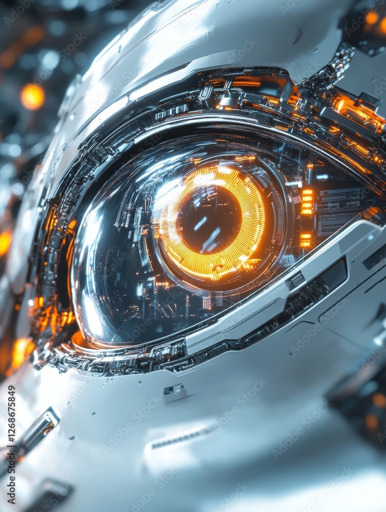 Poster Close up view of a glowing robotic eye within a network of futuristic circuits and technology. Generative AI