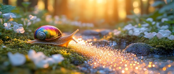 Enchanting Rainbow Snail Moving Gracefully Along a Dreamlike Forest Trail, Leaving Behind a Glittering Spiral of Light