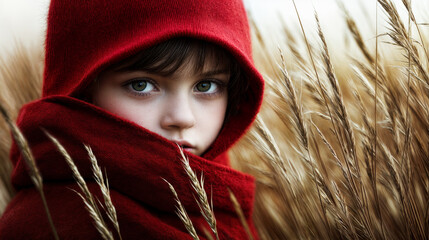 A young boy in a red stocking cap and red coat standing in a field of wheat. Outdoor portrait. An innocent but knowing expression. Direct gaze.
