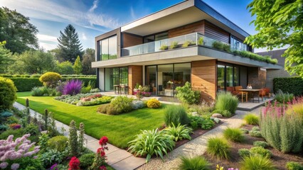 Fototapeta premium A lush green garden with a variety of plants and flowers surrounding a modern house, houseplant, interior, houseplant