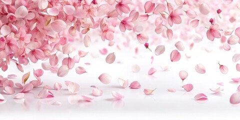 Fototapeta premium Soft pink sakura petals gently fall on a white background, soft pink petals