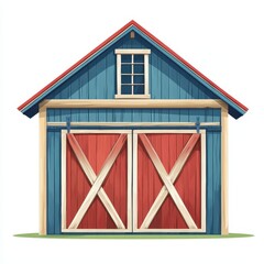 Flat design icon of a barn with red and blue doors isolated on a white background for graphic use