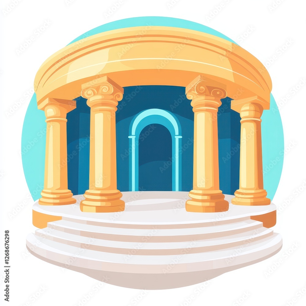 Poster stone arch with columns against blue sky background and vector flat design icon on white backdrop