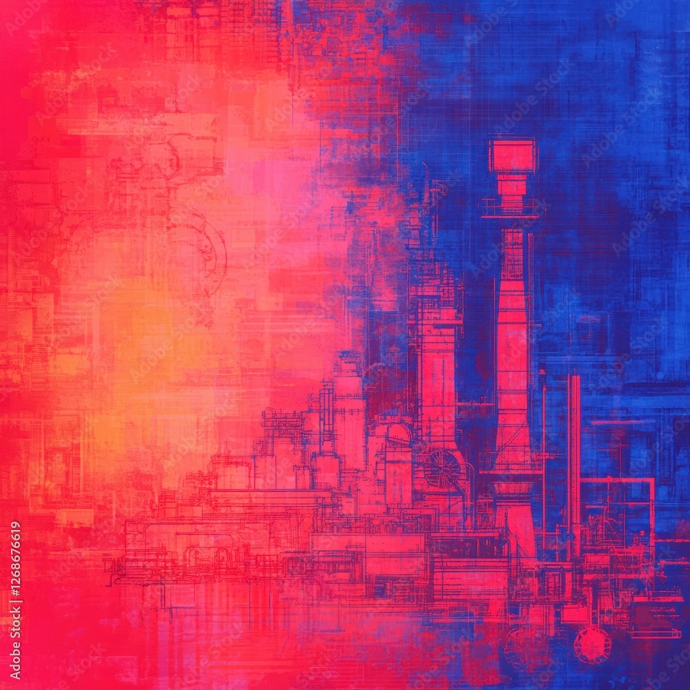 Poster abstract industrial landscape with vibrant red and blue hues, showcasing intricate patterns and stru