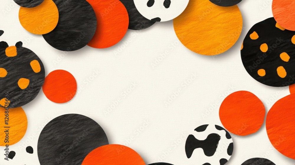 Poster colorful paper circle background with black, orange, white, and patterned elements creating a festiv